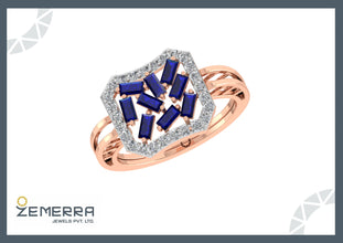 Unique 14K Rose Gold Diamond Ring With Blue Buguette Stone Sarafa Bazar India