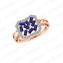 Unique 14K Rose Gold Diamond Ring With Blue Buguette Stone Sarafa Bazar India