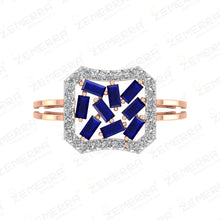 Unique 14K Rose Gold Diamond Ring With Blue Buguette Stone Sarafa Bazar India