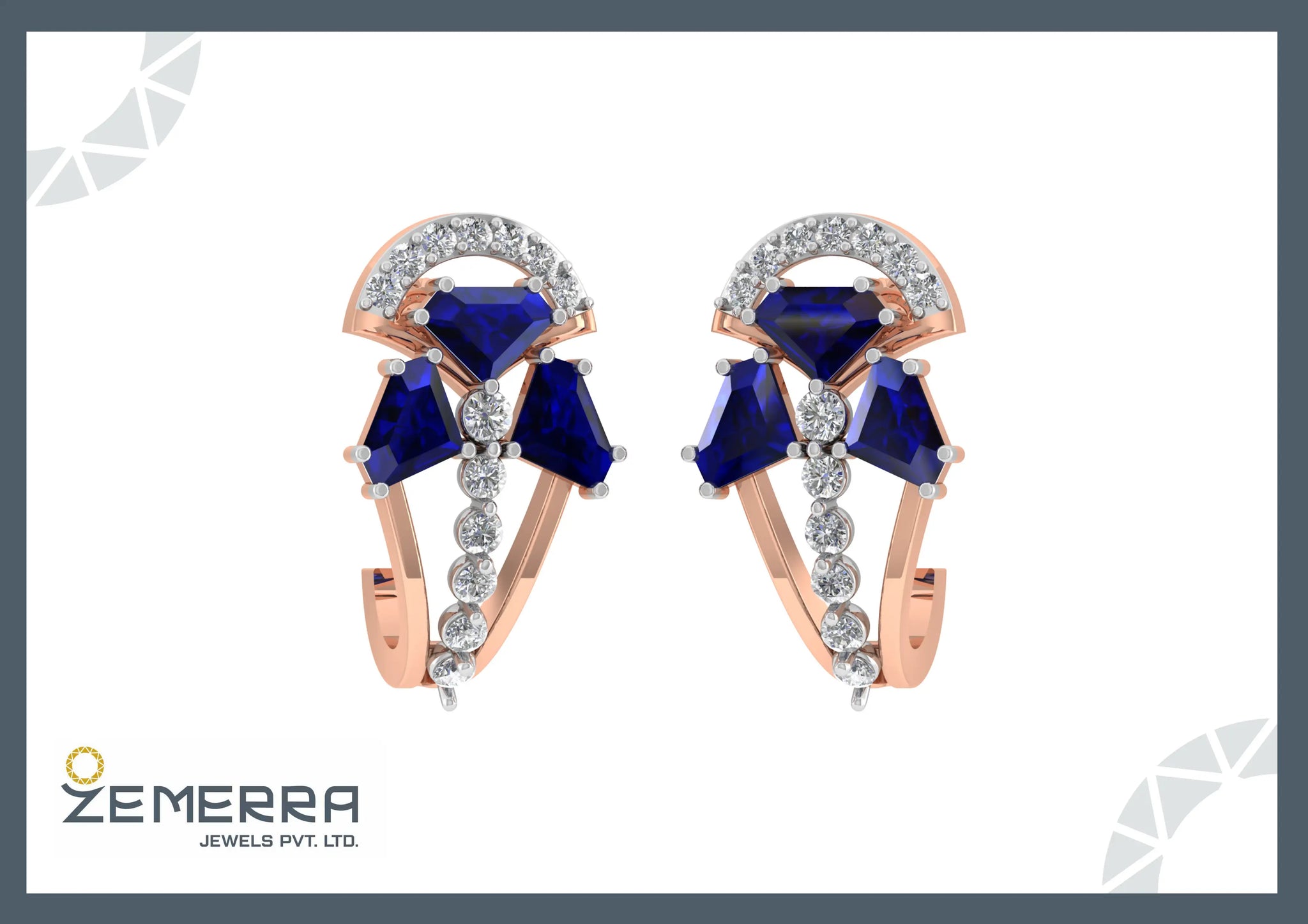 Unique 14KT Rose Gold Diamond Bali With Blue Sapphire Stone Sarafa Bazar India