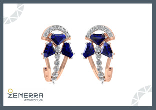 Unique 14KT Rose Gold Diamond Bali With Blue Sapphire Stone Sarafa Bazar India