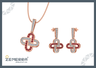 14K Gold Diamond Clover Shape Diamond Ruby Pendant Set