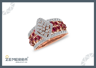 Trendy 14K Rose Gold Diamond Ruby Princess Cut Ring Sarafa Bazar India