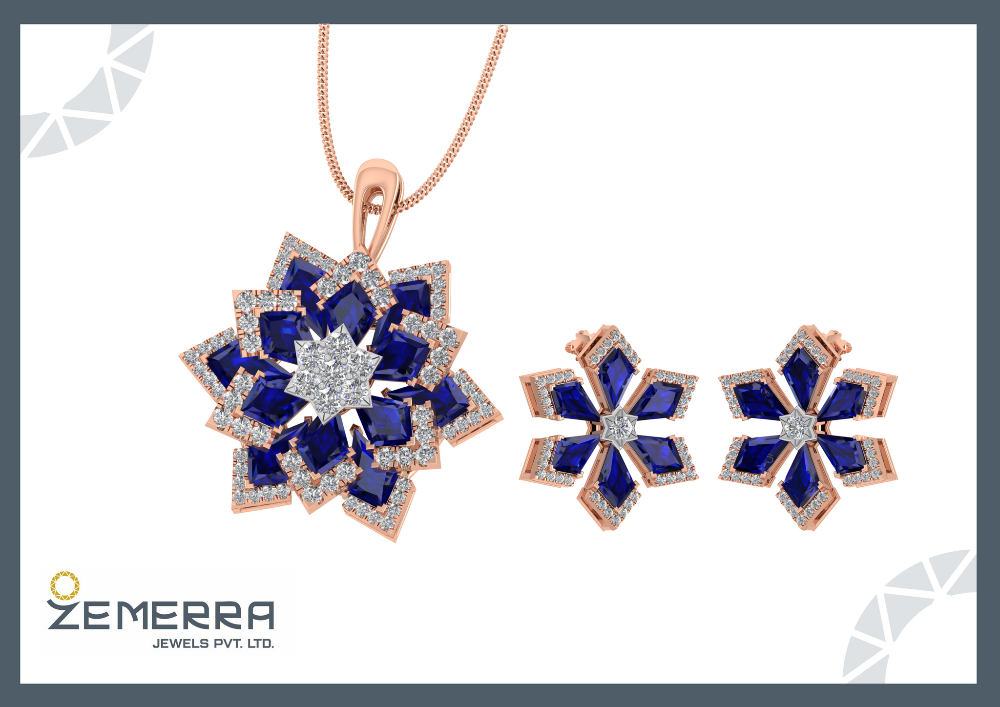 Unique 14K Rose Gold Blue Kite Cut Diamond Pendant Set Sarafa Bazar India