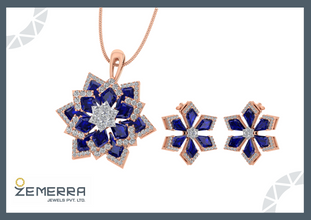 Unique 14K Rose Gold Blue Kite Cut Diamond Pendant Set Sarafa Bazar India