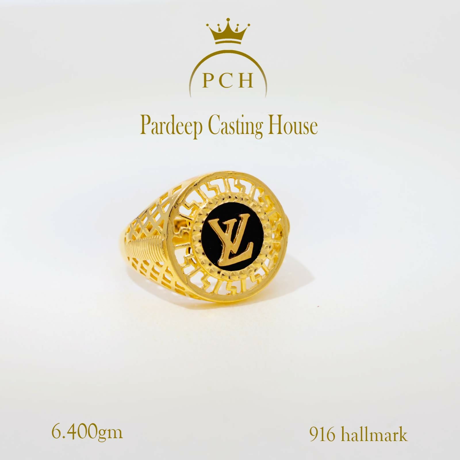 Fancy LV Logo Gents Gold Ring Sarafa Bazar India