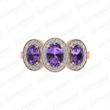 Three Stone Halo Diamond Amethyst Stone Ring in 14K Gold Sarafa Bazar India