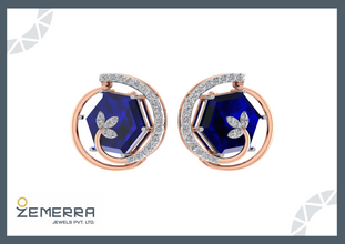 14K Rose gold diamond stud earrings with a blue Stone