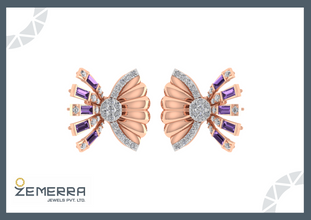 14K Rose Gold Diamond stud earrings with a fan-shaped design