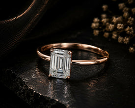 Emerald Cut Lab Grown Diamond Women's Ring 9Kt Rose Gold LR-68 Sarafa Bazar India