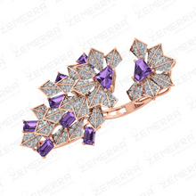 14K Gold Diamond Amethyst Engagement Double Finger Ring Sarafa Bazar India