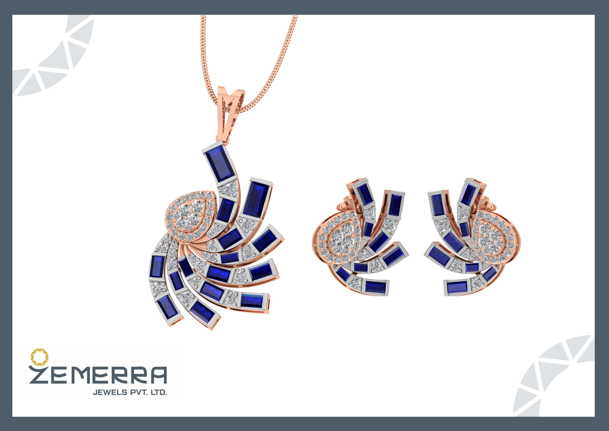 Unique 14K Rose Gold Blue Buguette Stone Diamond Pendant Set Sarafa Bazar India