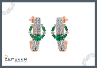 Stylish 14K Rose Gold Diamond Bali With Green Baguette Stone Sarafa Bazar India