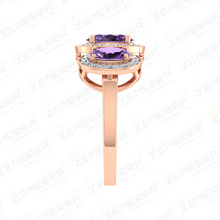 Three Stone Halo Diamond Amethyst Stone Ring in 14K Gold Sarafa Bazar India