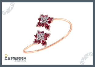 High Demand 14K Rose Gold Diamond Floral Shape Open Cuff Bracelet Sarafa Bazar India