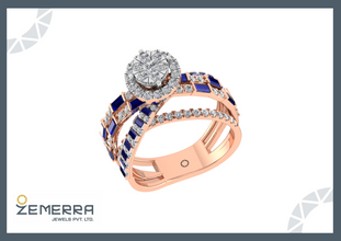 Trendy 14K Rose Gold Diamond Blue Baguette Cut Halo Ring Sarafa Bazar India
