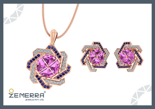 Unique 14K Gold Diamond Double ColorStone Spiral Pendant Set Sarafa Bazar India