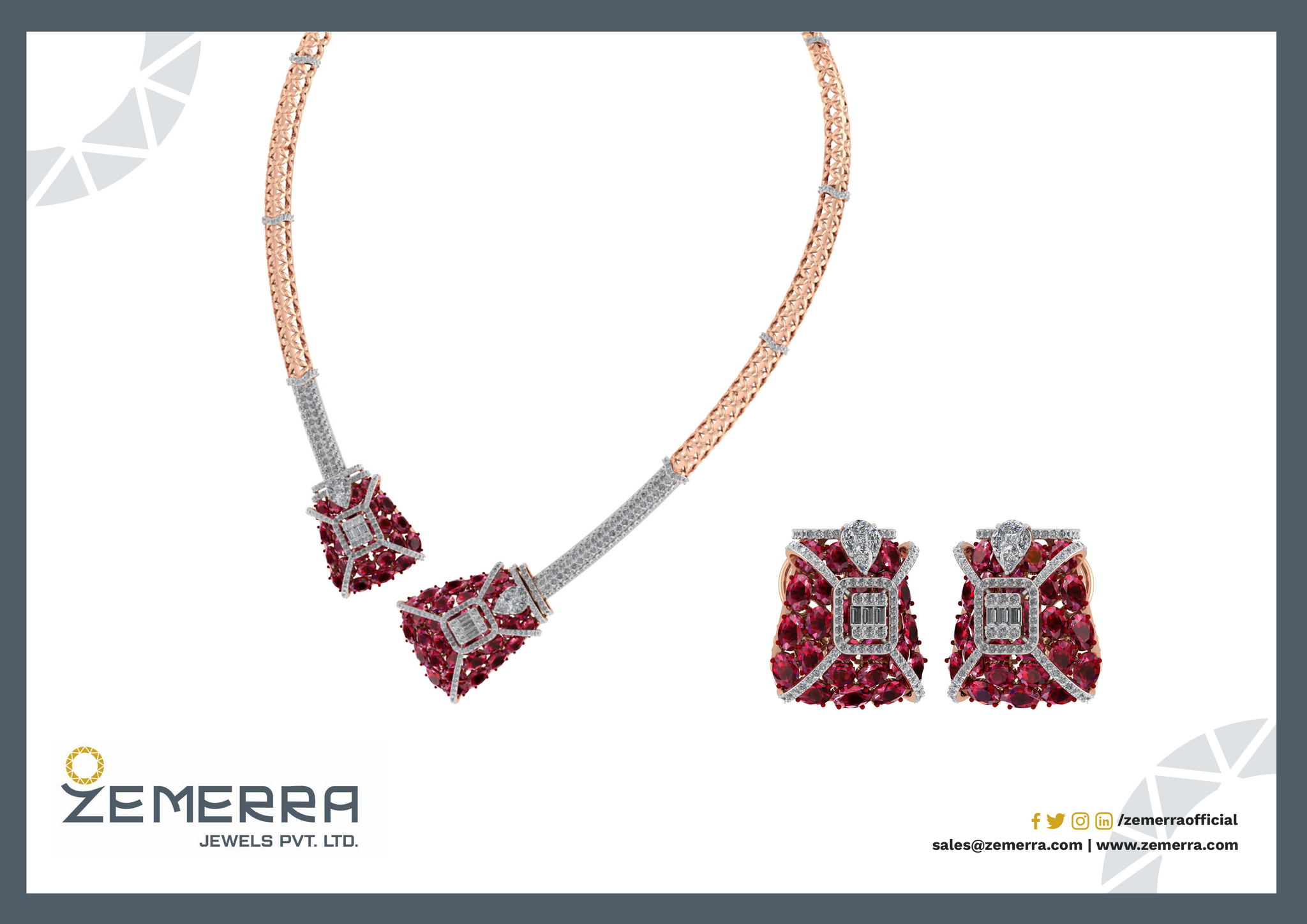 Trendy 14K Rose Gold Diamond Red Stone Necklace Set Sarafa Bazar India