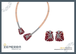 Trendy 14K Rose Gold Diamond Red Stone Necklace Set Sarafa Bazar India