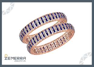 Stylish Diamond Bangles With Blue Baguette Stone in 14K Gold Sarafa Bazar India