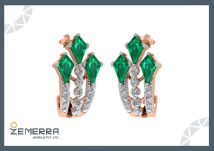 Trendy 14K Gold Diamond Green Kite Stone J Shape Bali Earring Sarafa Bazar India