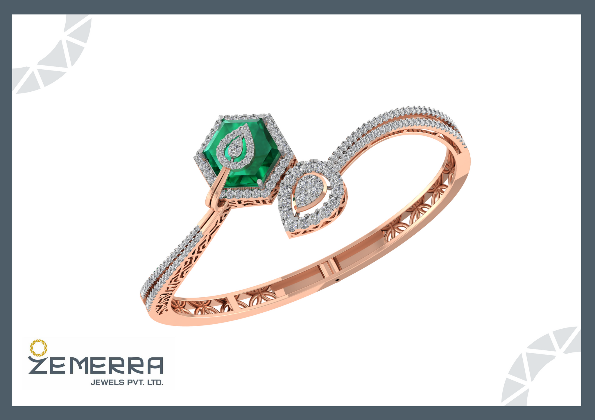 14k Rose Gold Diamond Bracelets With Green Stone Sarafa Bazar India