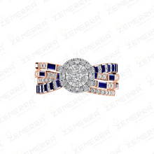 Trendy 14K Rose Gold Diamond Blue Baguette Cut Halo Ring Sarafa Bazar India