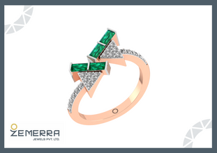 Stylish 14K Rose Gold Diamond Green Buguette Ring Sarafa Bazar India