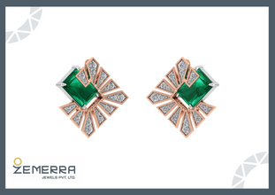 14K Gold Diamond Stud Earrings With Green Stone