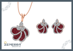 14K Gold Diamond Flower cluster Pendant Set with Ruby Stone Sarafa Bazar India