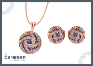 Unique 14K Gold Diamond Amethyst Stone Circle Pendant Set Sarafa Bazar India