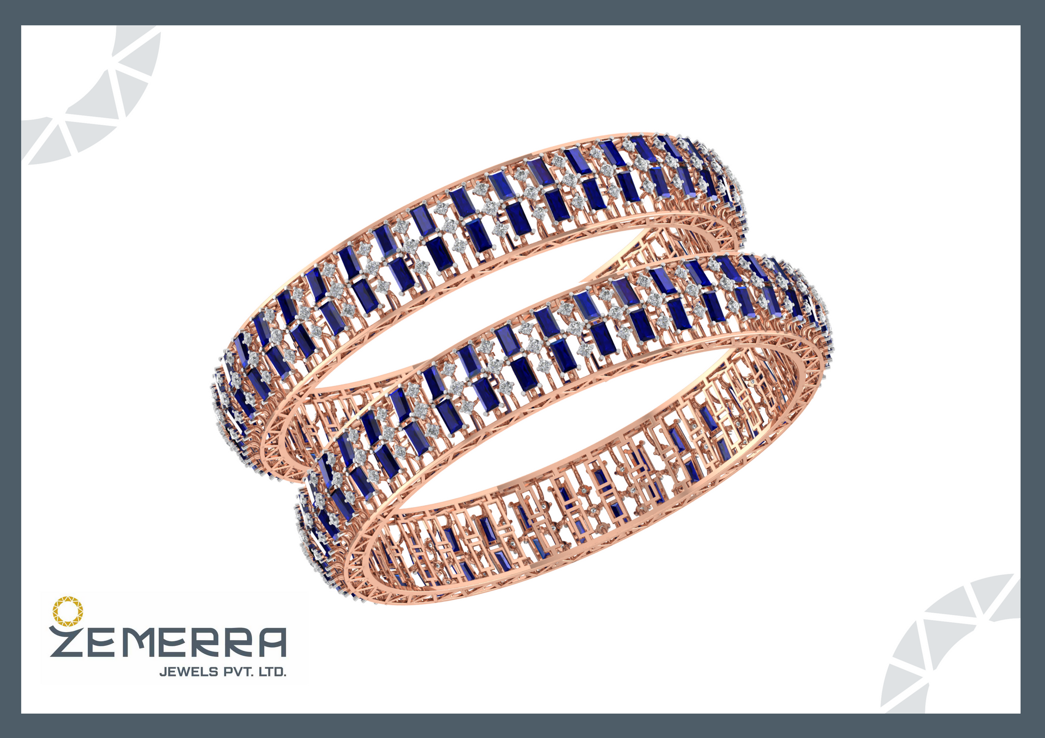 Stylish Diamond Bangles With Blue Buguette Stone in 14K Gold Sarafa Bazar India