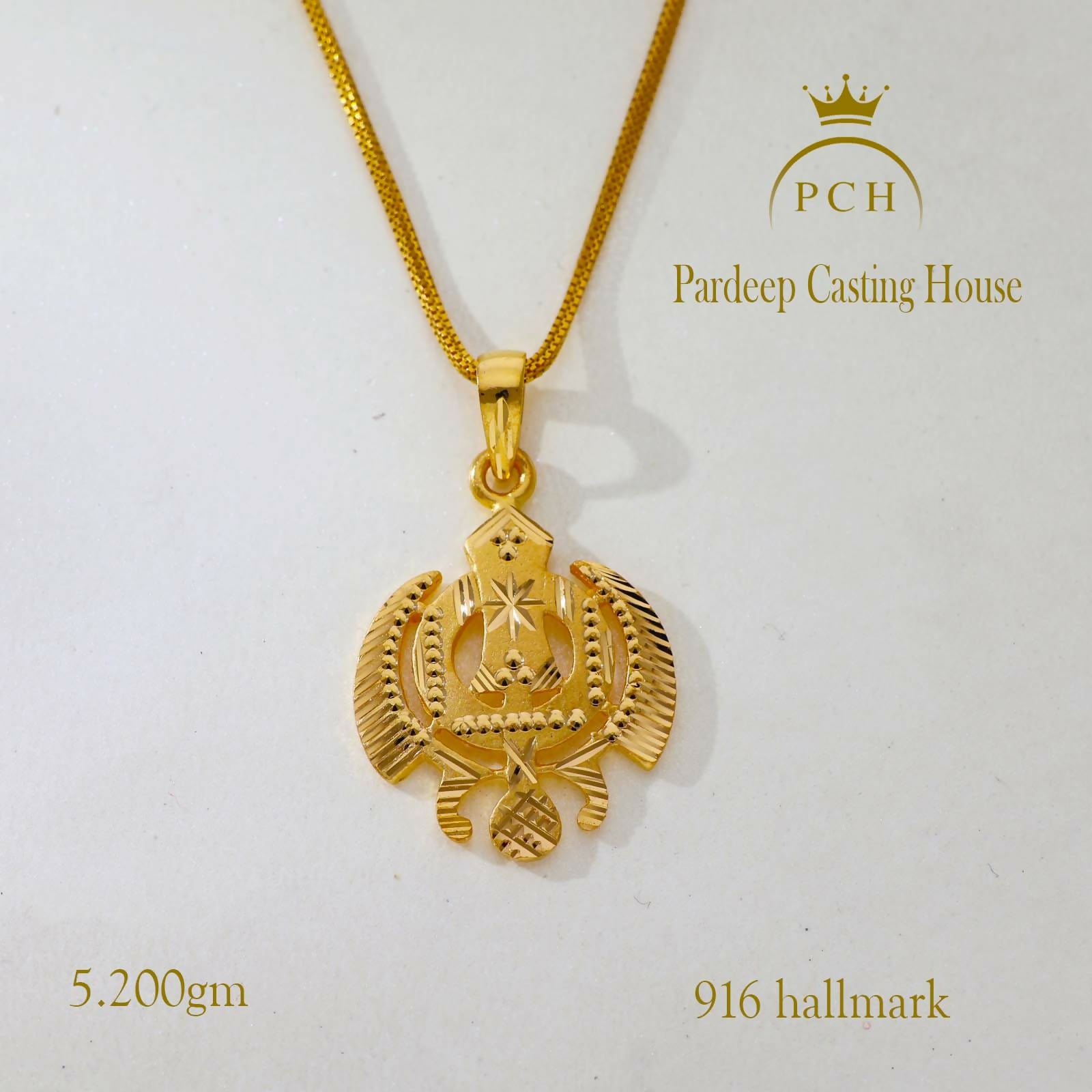 Gold Textured Khanda Sikh Pendant Sarafa Bazar India