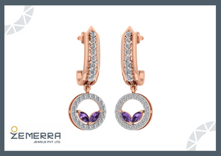 14K Rose Gold Amethyst and Diamond Drop Hoop Earrings