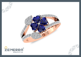 Elegant Diamond Blue Sapphire Floral Ring in 14K Gold Sarafa Bazar India
