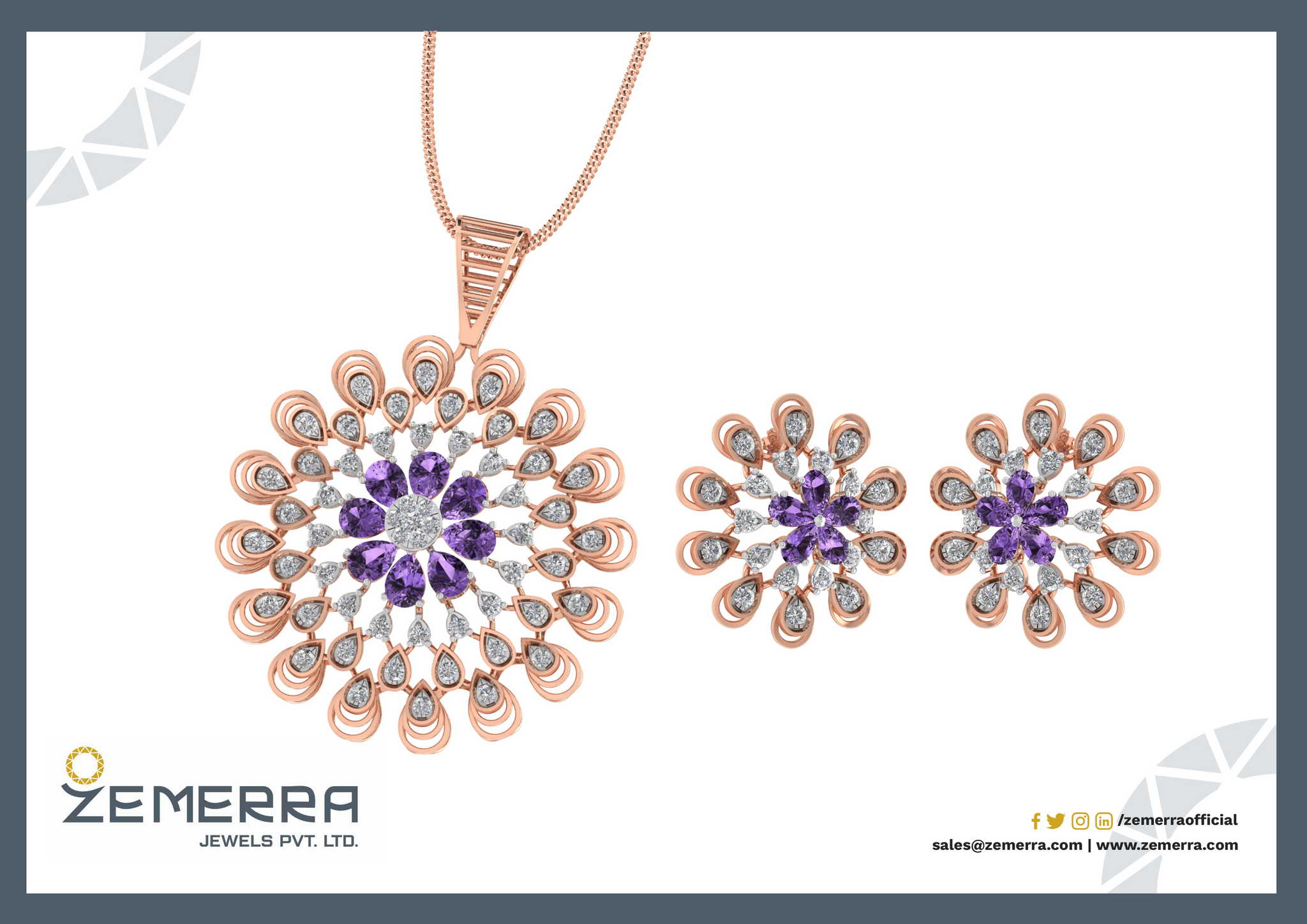 14k Rose Gold Diamond Floral Design Pendant Set Sarafa Bazar India