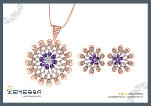 14k Rose Gold Diamond Floral Design Pendant Set Sarafa Bazar India