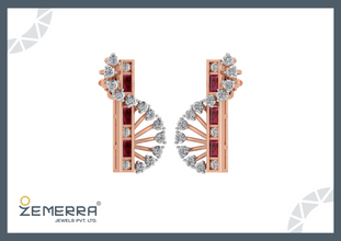 14K Gold Diamond Vertical Curve Stud Earring with Ruby stone