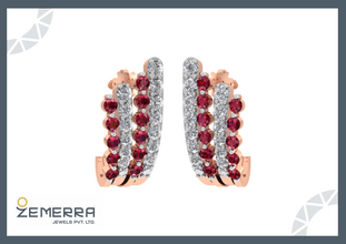 Natural Ruby and Diamond J-hoop Earrings in 14K Gold