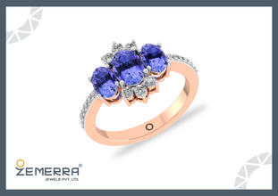 Trendy 14K Rose Gold Diamond Three Stone Tanzanite Stone Ring Sarafa Bazar India