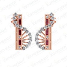 14K Gold Diamond Vertical Curve Stud Earring with Ruby stone Sarafa Bazar India