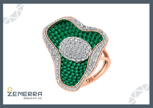 14K Rose Gold Geometric Layered Green Stone Diamond Ring Sarafa Bazar India