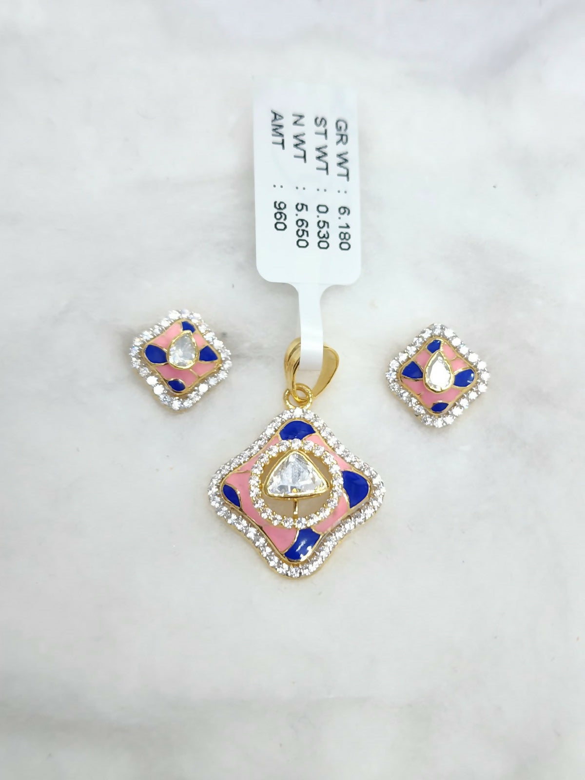 22kt CZ Casting Mop Polki Pendant Set Sarafa Bazar India