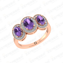 Three Stone Halo Diamond Amethyst Stone Ring in 14K Gold Sarafa Bazar India