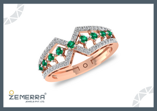 14KT Rose Gold Diamond and Emerald Finger Ring Sarafa Bazar India