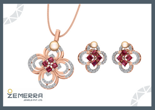 Lavish 14k Rose Gold Diamond Floral Design Pendant Set Sarafa Bazar India