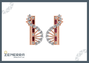 14K Gold Diamond Vertical Curve Stud Earring with Ruby stone Sarafa Bazar India