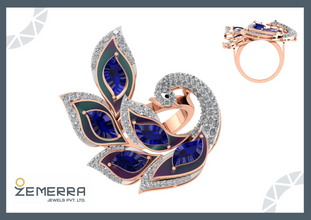 Unique 14K Rose Gold Diamond Ring - Peacock Design Sarafa Bazar India
