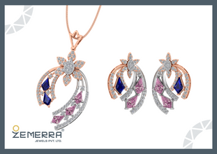 Stylish 14K Gold Diamond Dual Curve Floral Pendant Set Sarafa Bazar India