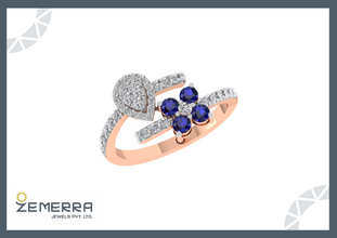 Stylish 14K Rose Gold Diamond Ring With Blue Round Stone Sarafa Bazar India